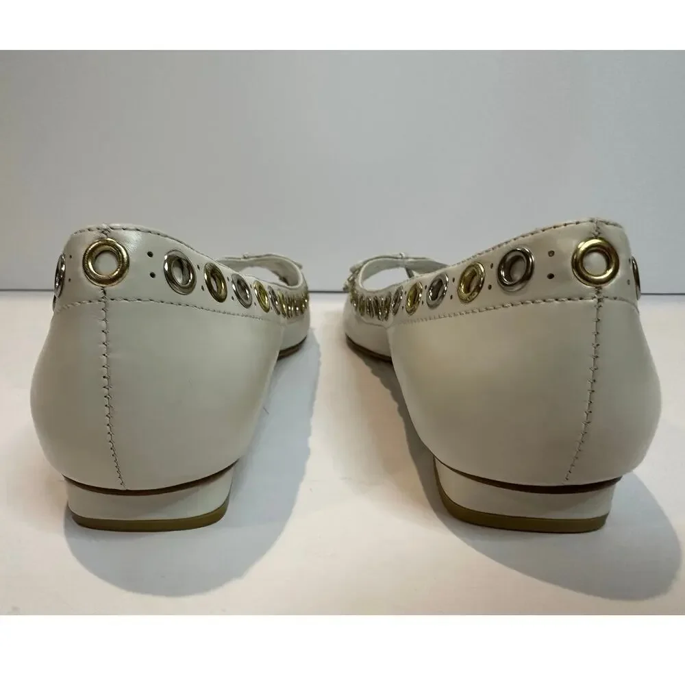 daniblack Leather Grommet Peep Toe Flats Women's 7.5 Cream Edgy Chic Mixed Metal
